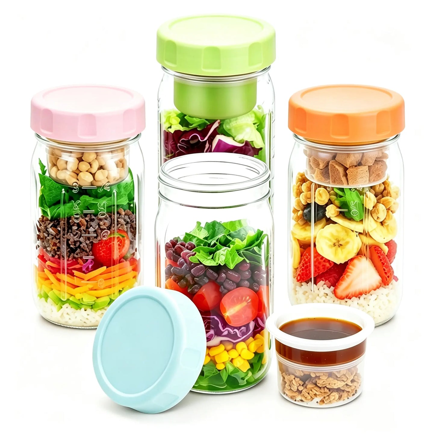 4-Pack 32Oz Airtight Sealable Glass Salad Jars with Screw-On Lids - Kitchen Food Storage Containers, Built-In Wet/Dry Separation Boxes, Meal Prep Containers for Work Lunches, Fridge-Friendly, Customizable, Glass Food Container, Storage Bottles & Jars