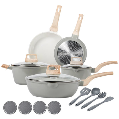 [ New ]FDN 16-Pc Aesthetic Cookware Collection, Non-Toxic Pfas-Free Titanium Caremic Granite Pots and Pans Set, Easy-Clean Oven & Dishwasher Safe, Induction Ready Cooking Set with 10" (24Cm) Fry Pan, Glass Lids, Kitchen Utensils, Aluminium, Deals for You