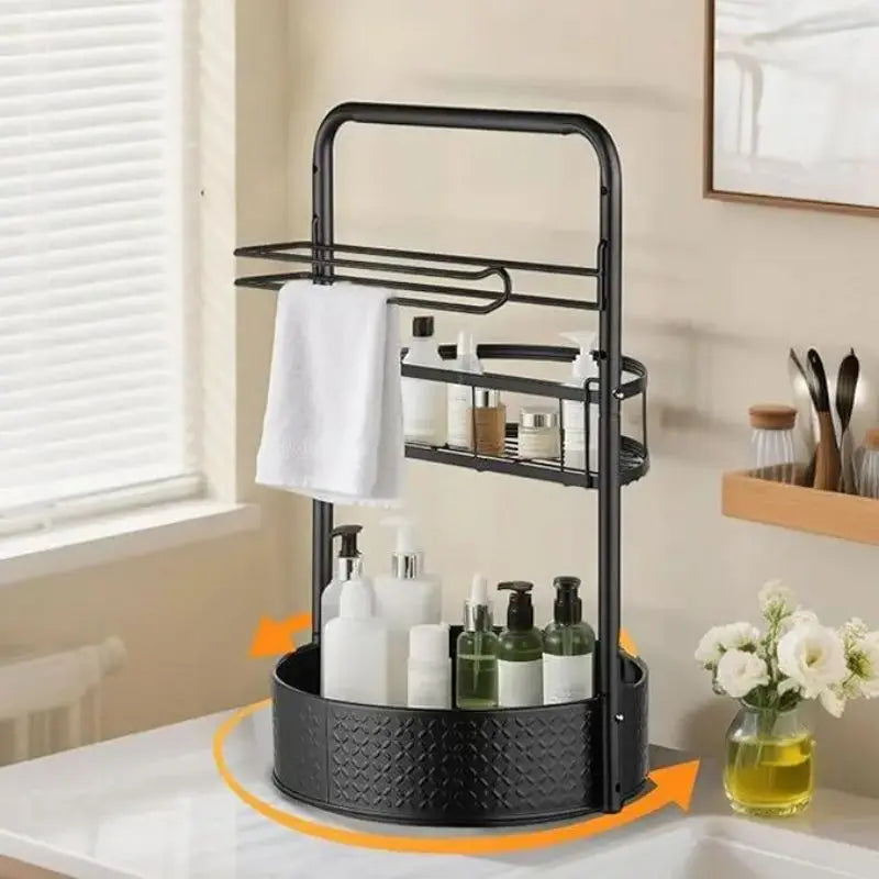 2 Tier 360 Rotating Spice Rack Lazy Susan Organizer, Heavy Duty Metal Frame Countertop Caddy with Paper Towel Holder Keeps Seasonings & Condiments Easy to Reach for Homeowners, Cooks & Families, for Kitchen Countertop, Cabinet, Pantry & Table