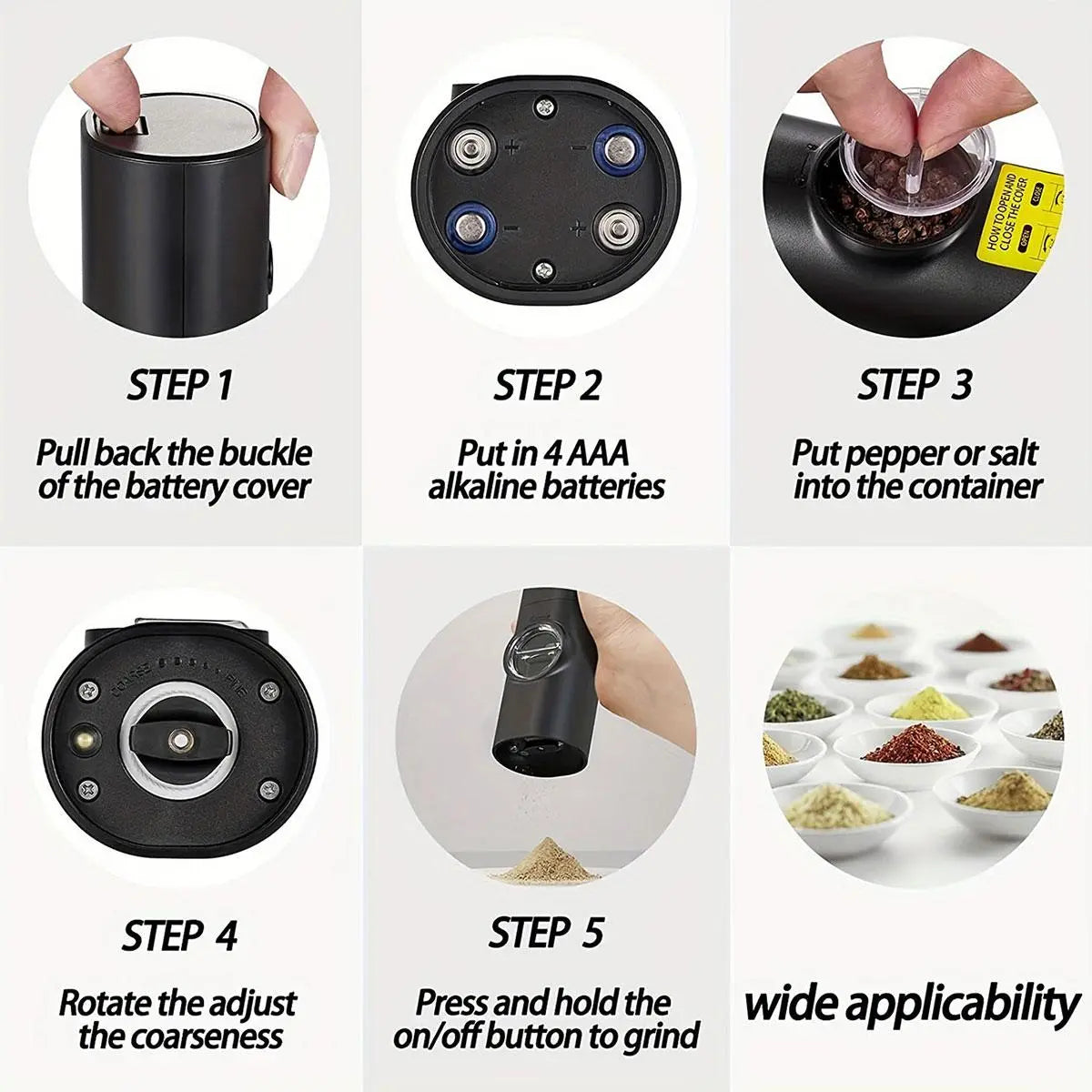 Electric Salt and Pepper Seasoning Grinder Set, 1- or 2-Count Battery-Powered Adjustable Grinder with LED Light, Base & Brush, Kitchen Gadget Gift, Kitchenware, Batteries Not Included #GLOBAL PICKS
