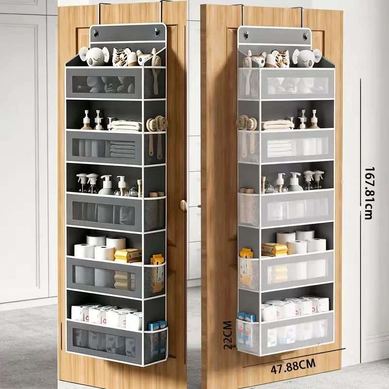 5-Tier over the Door Organizer, Heavy Duty Hanging Storage Bag with Clear Windows & Mesh Side Pockets, No-Drill Space Saver Organizer for Bathroom, Bedroom, Nursery, Pantry (Fits Standard Doors)