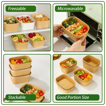 Summer Sale Kesaplan 50Pack Disposable Kraft Paper Bowls with Lids and Forks,29Oz/35Oz Square,Meal Prep Containers Disposable Large Paper Bowls, Leakproof Food Containers Treat Soup Serving Bowl, Microwave Safe for Hot/Cold Food Compostable