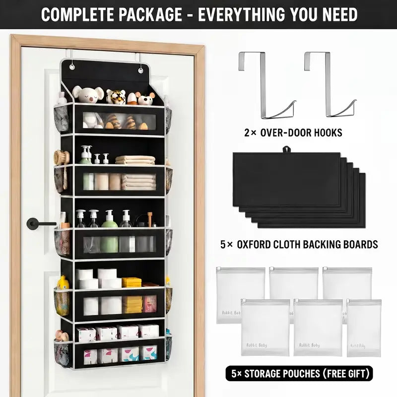 5-Tier over the Door Organizer, Heavy Duty Hanging Storage Bag with Clear Windows & Mesh Side Pockets, No-Drill Space Saver Organizer for Bathroom, Bedroom, Nursery, Pantry (Fits Standard Doors)