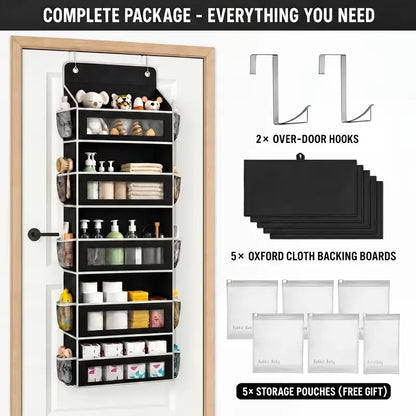 5-Tier over the Door Organizer, Heavy Duty Hanging Storage Bag with Clear Windows & Mesh Side Pockets, No-Drill Space Saver Organizer for Bathroom, Bedroom, Nursery, Pantry (Fits Standard Doors)
