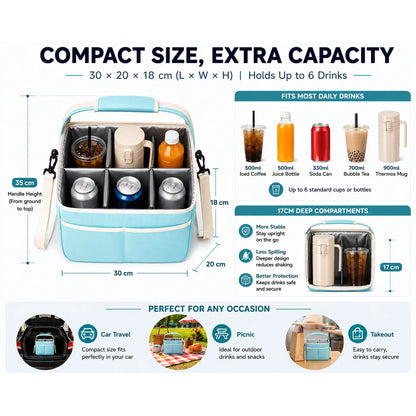 6-Cup Portable Drink Carrier Bag, Reusable Polyester Fabric Tote with Adjustable Dividers - Multi-Cup Organiser for Takeout & Outdoor Events, Multi-Cup Holders