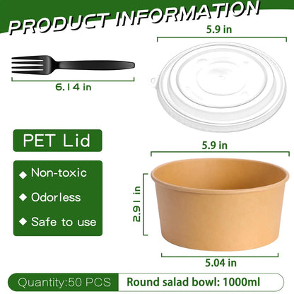 Summer Sale Kesaplan 50Pack Disposable Kraft Paper Bowls with Lids and Forks,29Oz/35Oz Square,Meal Prep Containers Disposable Large Paper Bowls, Leakproof Food Containers Treat Soup Serving Bowl, Microwave Safe for Hot/Cold Food Compostable