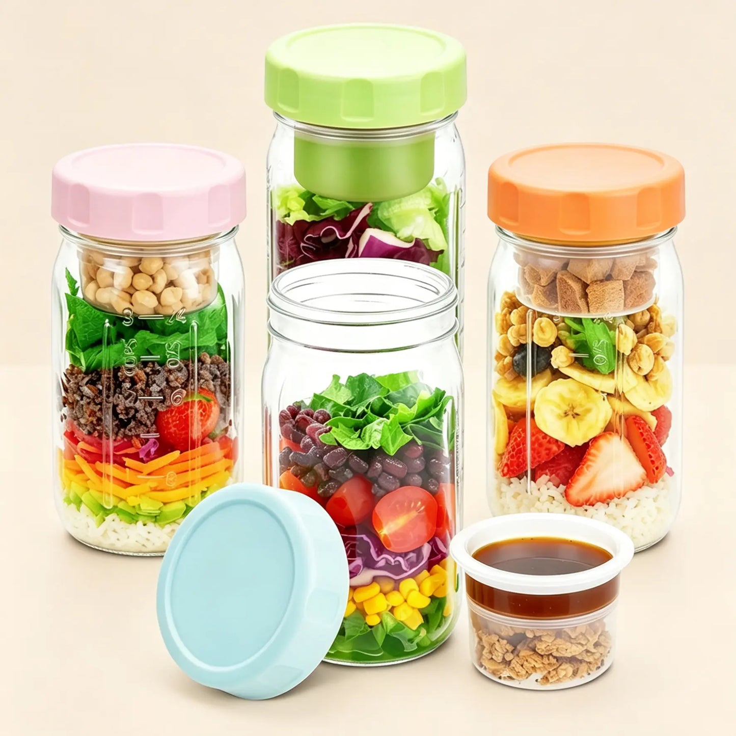 4-Pack 32Oz Airtight Sealable Glass Salad Jars with Screw-On Lids - Kitchen Food Storage Containers, Built-In Wet/Dry Separation Boxes, Meal Prep Containers for Work Lunches, Fridge-Friendly, Customizable, Glass Food Container, Storage Bottles & Jars