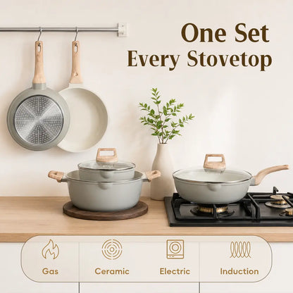 [ New ]FDN 16-Pc Aesthetic Cookware Collection, Non-Toxic Pfas-Free Titanium Caremic Granite Pots and Pans Set, Easy-Clean Oven & Dishwasher Safe, Induction Ready Cooking Set with 10" (24Cm) Fry Pan, Glass Lids, Kitchen Utensils, Aluminium, Deals for You