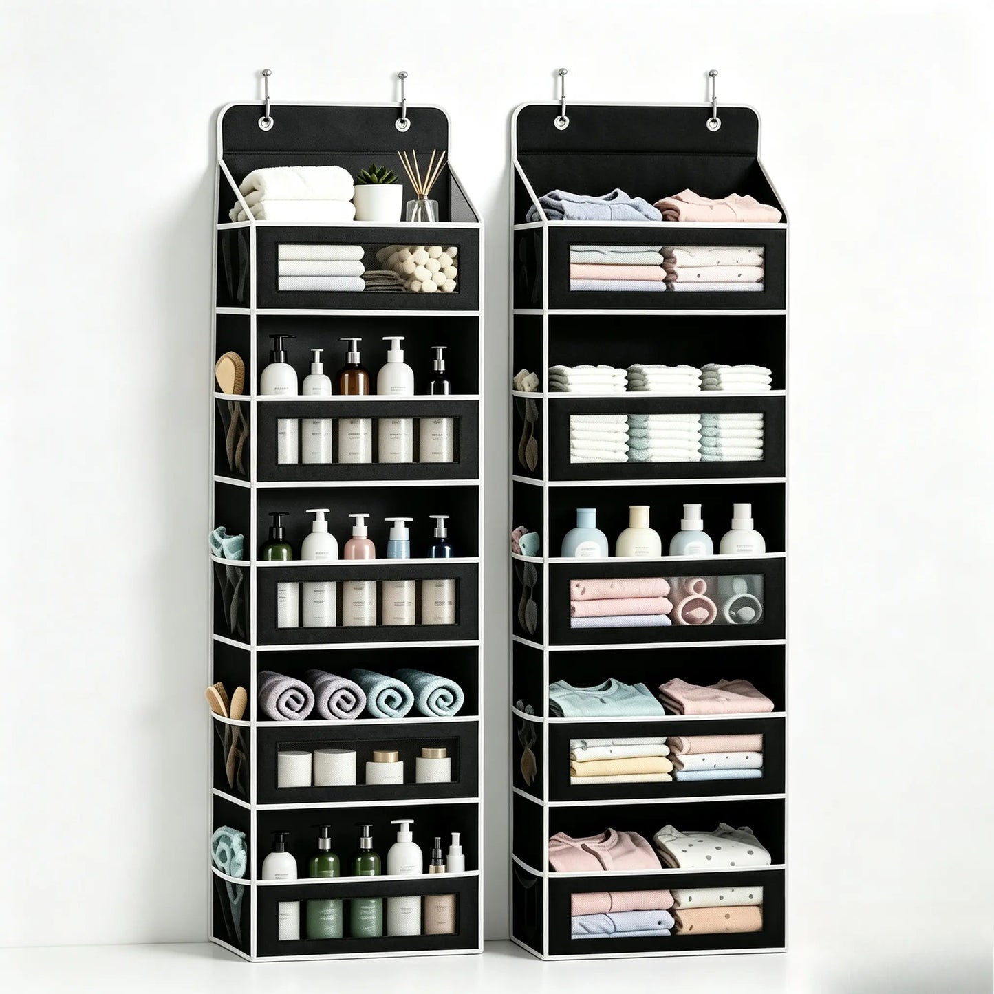 5-Tier over the Door Organizer, Heavy Duty Hanging Storage Bag with Clear Windows & Mesh Side Pockets, No-Drill Space Saver Organizer for Bathroom, Bedroom, Nursery, Pantry (Fits Standard Doors)