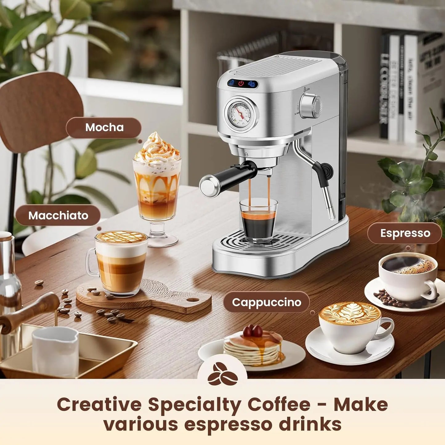 Semi-Automatic 20-Bar at Home Espresso Machine, 1450W Compact yet Powerful Coffee Maker with Milk Frother Steam Wand, 34Oz Water Tank for Latte, Barista Life Brewing Needs, Latte at Home