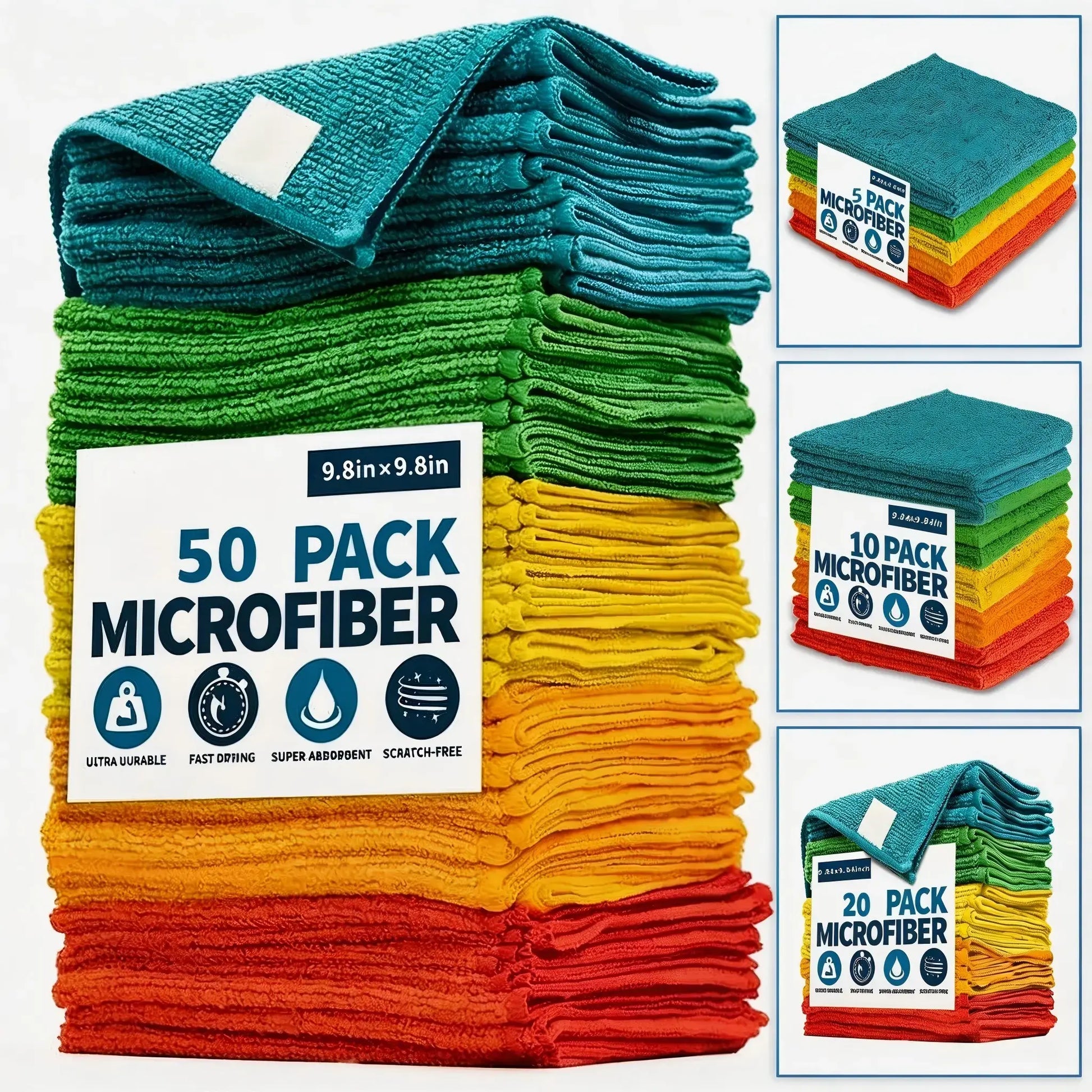 Microfiber Cleaning Cloths, Multi-Color Pack (5/10/20/50Pcs, 9.84X9.84In) - Quick-Dry, Scratch-Free, Durable for Kitchen Bath Daily Clean on Indoor Surfaces