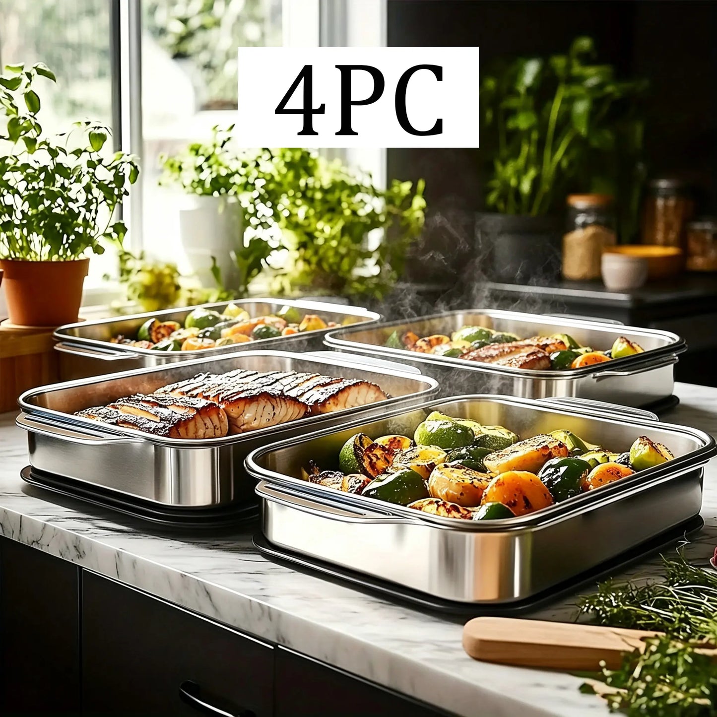 Set of 2/4 Extra Large Stainless Steel Bakingpans with Lids -Non-Stick Thick-Bottomedrectangular Oven Traysfordesserts Breadand Seafood Perfect for Grillingandbuffetserving Spacious Design Non-Sticksurface Ovensafebaking Pans Mother'S Daygift