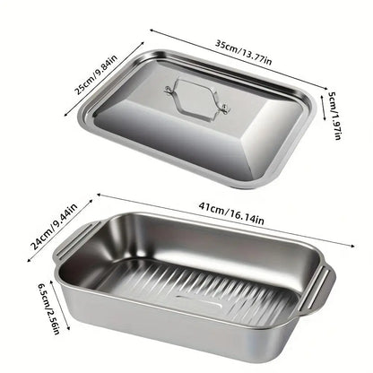 Set of 2/4 Extra Large Stainless Steel Bakingpans with Lids -Non-Stick Thick-Bottomedrectangular Oven Traysfordesserts Breadand Seafood Perfect for Grillingandbuffetserving Spacious Design Non-Sticksurface Ovensafebaking Pans Mother'S Daygift