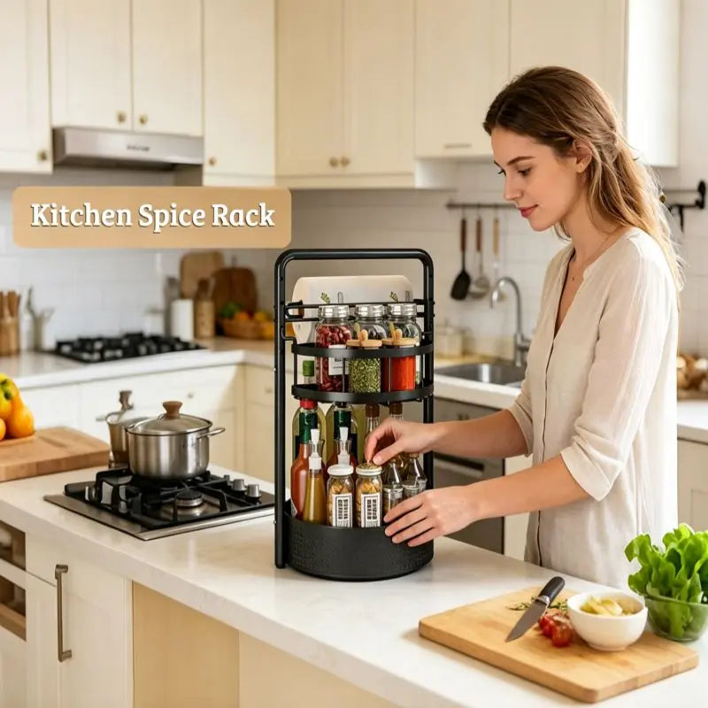 2 Tier 360 Rotating Spice Rack Lazy Susan Organizer, Heavy Duty Metal Frame Countertop Caddy with Paper Towel Holder Keeps Seasonings & Condiments Easy to Reach for Homeowners, Cooks & Families, for Kitchen Countertop, Cabinet, Pantry & Table
