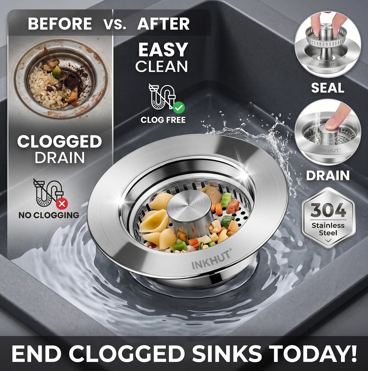 Anti-Clogging 3-In-1 Kitchen Sink Drain Filter | Pop-Up Stopper & Food Catcher, Odor-Proof, No Tools Needed (3.5 Inch)