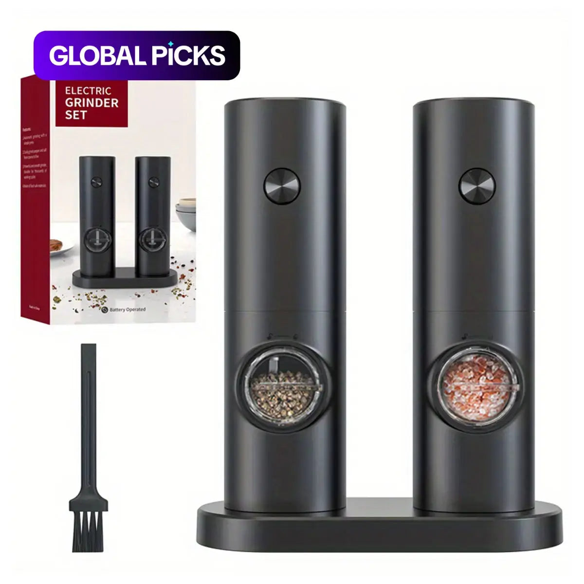 Electric Salt and Pepper Seasoning Grinder Set, 1- or 2-Count Battery-Powered Adjustable Grinder with LED Light, Base & Brush, Kitchen Gadget Gift, Kitchenware, Batteries Not Included #GLOBAL PICKS