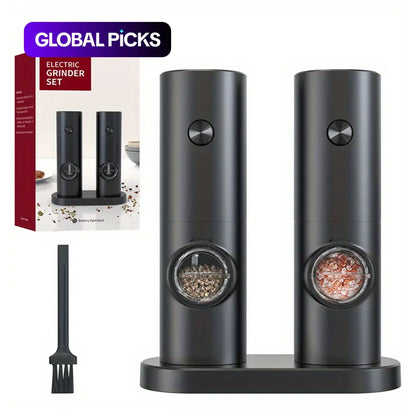 Electric Salt and Pepper Seasoning Grinder Set, 1- or 2-Count Battery-Powered Adjustable Grinder with LED Light, Base & Brush, Kitchen Gadget Gift, Kitchenware, Batteries Not Included #GLOBAL PICKS