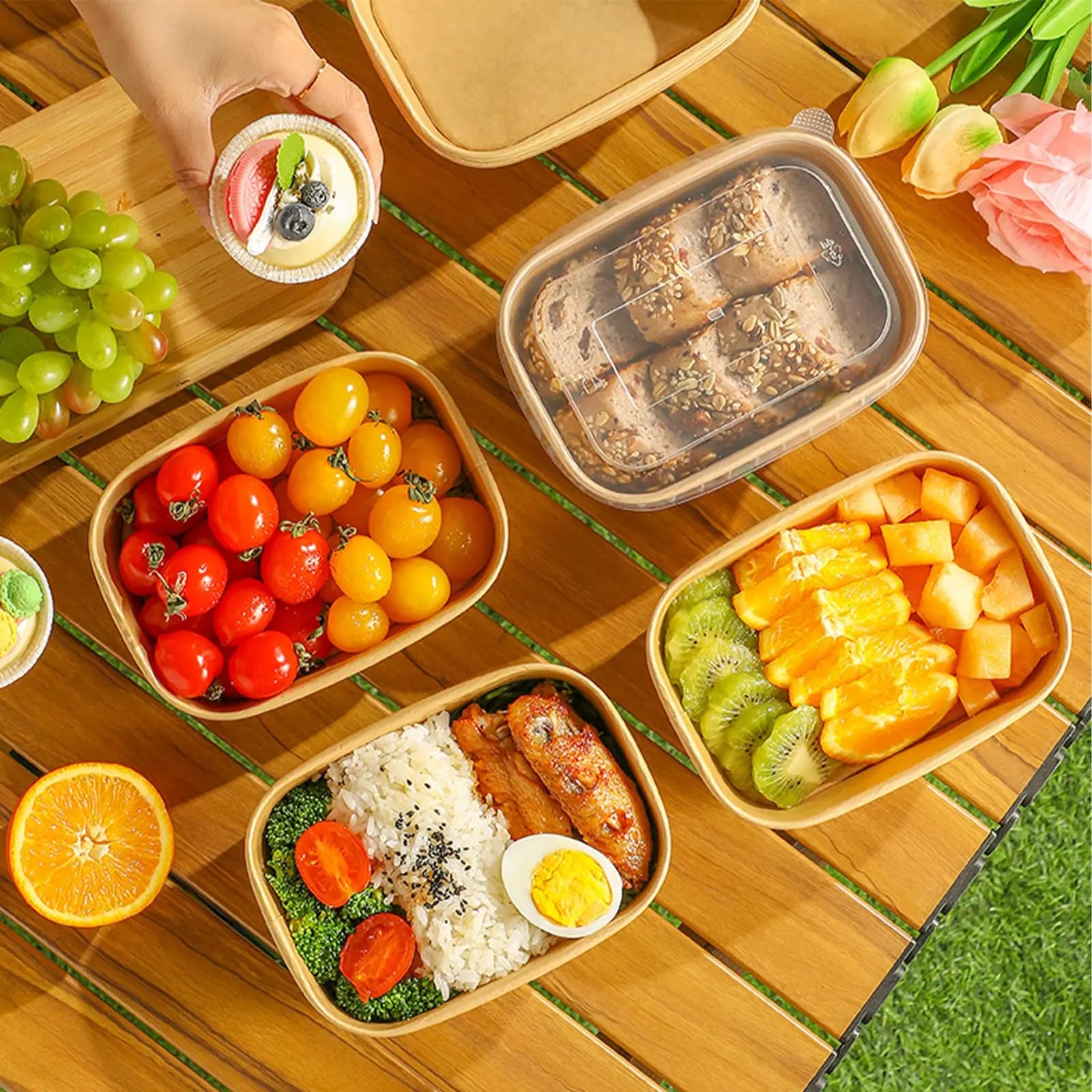 Summer Sale Kesaplan 50Pack Disposable Kraft Paper Bowls with Lids and Forks,29Oz/35Oz Square,Meal Prep Containers Disposable Large Paper Bowls, Leakproof Food Containers Treat Soup Serving Bowl, Microwave Safe for Hot/Cold Food Compostable