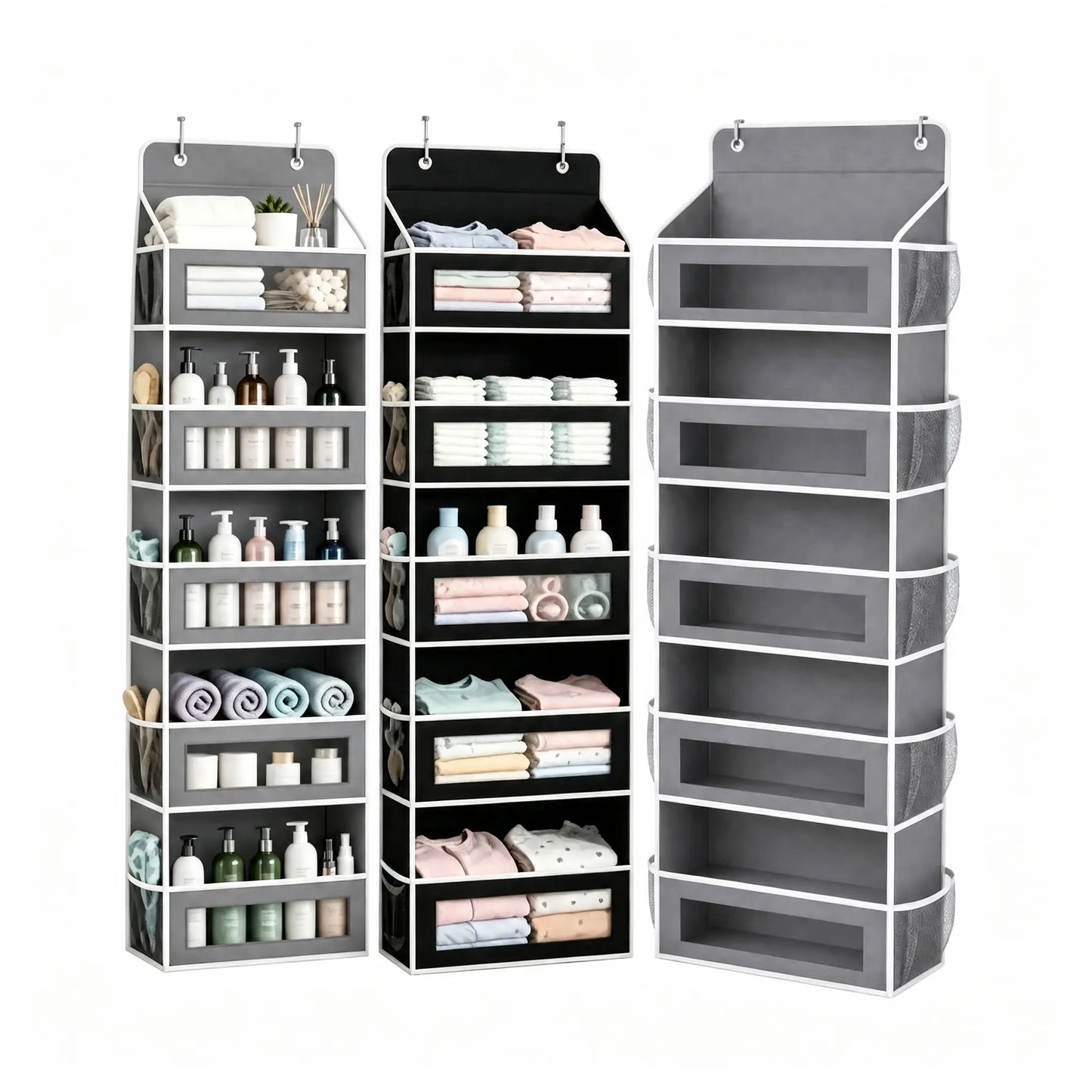5-Tier over the Door Organizer, Heavy Duty Hanging Storage Bag with Clear Windows & Mesh Side Pockets, No-Drill Space Saver Organizer for Bathroom, Bedroom, Nursery, Pantry (Fits Standard Doors)