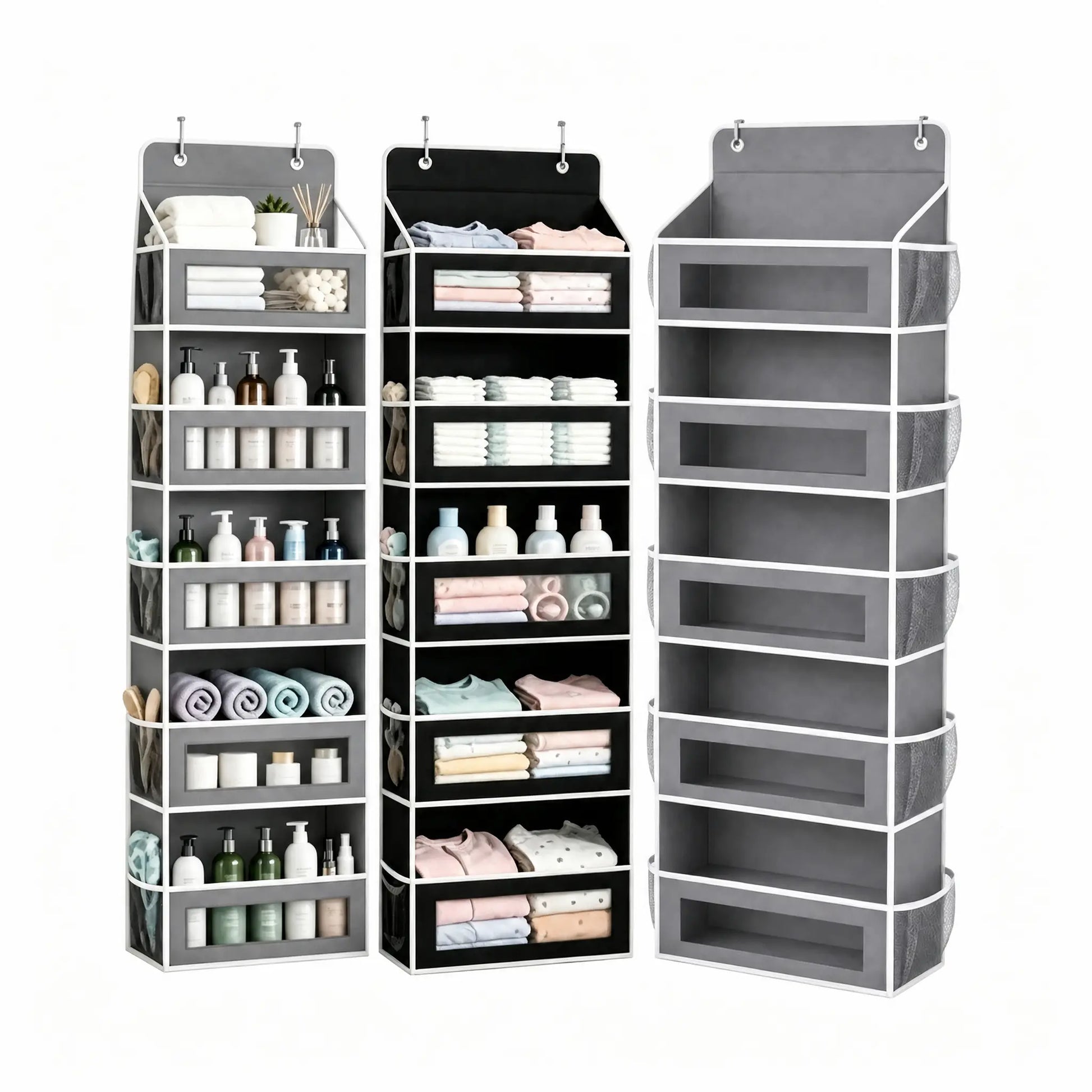 5-Tier over the Door Organizer, Heavy Duty Hanging Storage Bag with Clear Windows & Mesh Side Pockets, No-Drill Space Saver Organizer for Bathroom, Bedroom, Nursery, Pantry (Fits Standard Doors)