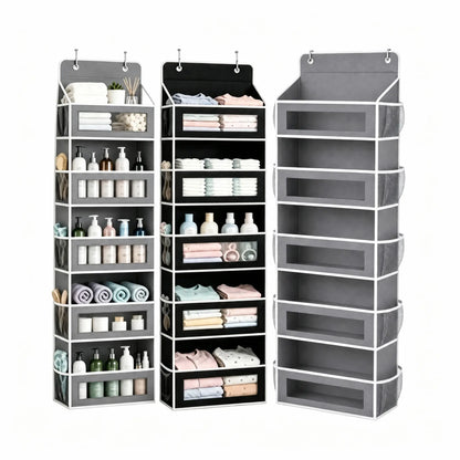 5-Tier over the Door Organizer, Heavy Duty Hanging Storage Bag with Clear Windows & Mesh Side Pockets, No-Drill Space Saver Organizer for Bathroom, Bedroom, Nursery, Pantry (Fits Standard Doors)