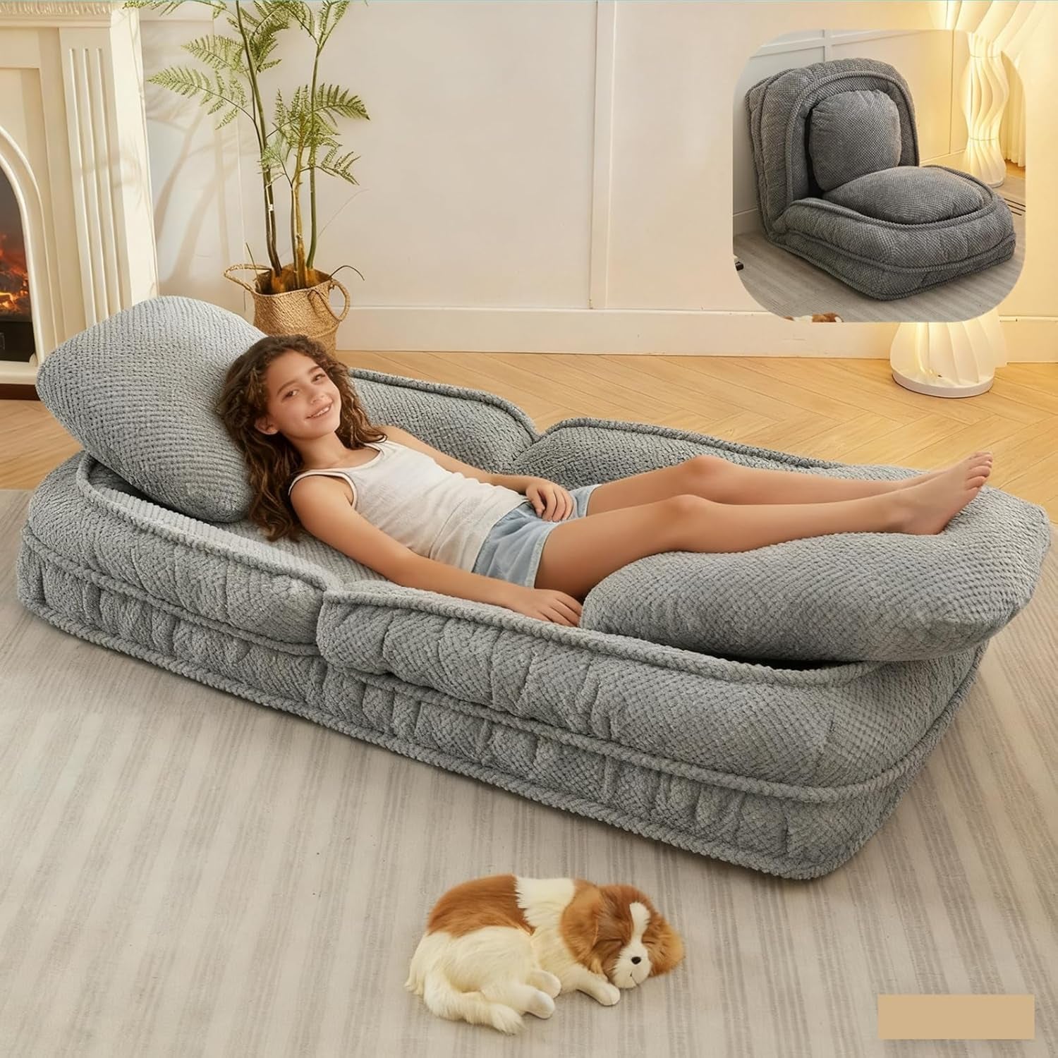 Foldable Lazy Sofa Bed with 5 Levels Adjustable Backrest, Gray | Comfy Upholstered Human Dog Bed for Adults and Pets, Lazy Floor Lounger with 2 Soft Cushions for Living Room Bedroom