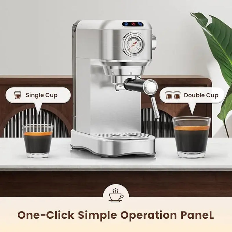 Semi-Automatic 20-Bar at Home Espresso Machine, 1450W Compact yet Powerful Coffee Maker with Milk Frother Steam Wand, 34Oz Water Tank for Latte, Barista Life Brewing Needs, Latte at Home