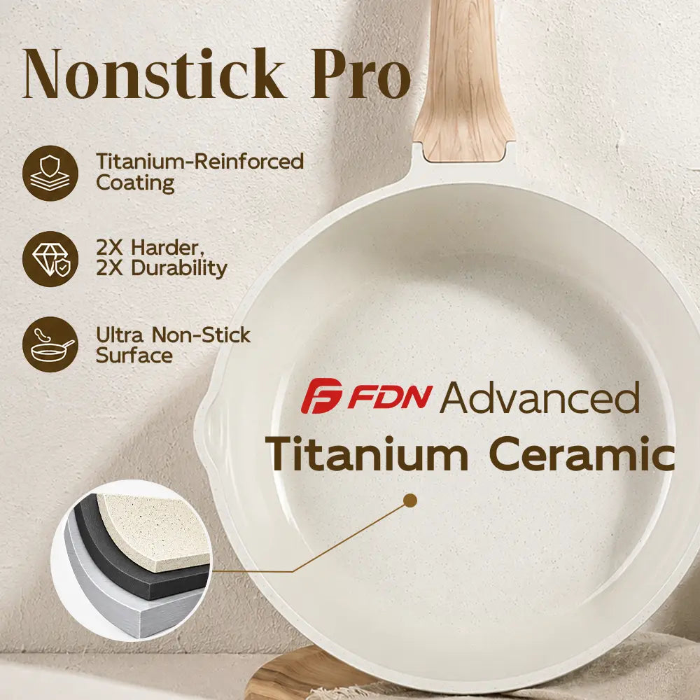 [ New ]FDN 16-Pc Aesthetic Cookware Collection, Non-Toxic Pfas-Free Titanium Caremic Granite Pots and Pans Set, Easy-Clean Oven & Dishwasher Safe, Induction Ready Cooking Set with 10" (24Cm) Fry Pan, Glass Lids, Kitchen Utensils, Aluminium, Deals for You