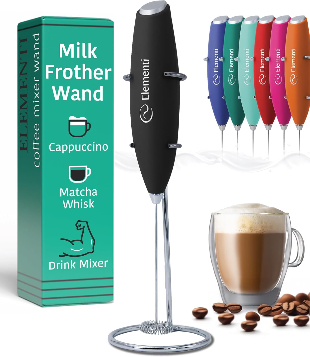 Milk Frother Wand & Electric Stirrer with Stand - Turbo Coffee & Milk Frother Handheld - Hand Held Coffee Mixer Wand & Cold Foam Maker for Frothy Cappuccinos, Lattes & Drink Mixes at Home (Black)