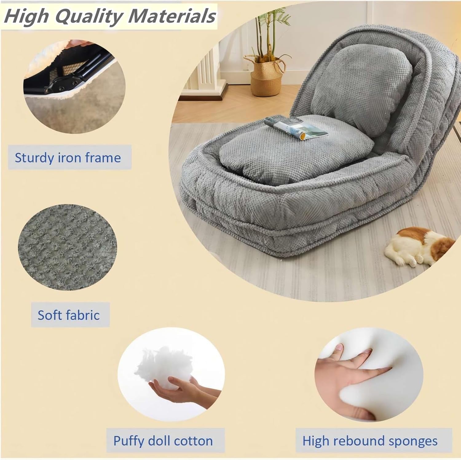 Foldable Lazy Sofa Bed with 5 Levels Adjustable Backrest, Gray | Comfy Upholstered Human Dog Bed for Adults and Pets, Lazy Floor Lounger with 2 Soft Cushions for Living Room Bedroom