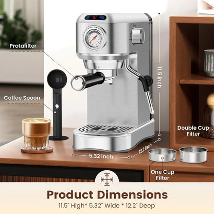 Semi-Automatic 20-Bar at Home Espresso Machine, 1450W Compact yet Powerful Coffee Maker with Milk Frother Steam Wand, 34Oz Water Tank for Latte, Barista Life Brewing Needs, Latte at Home