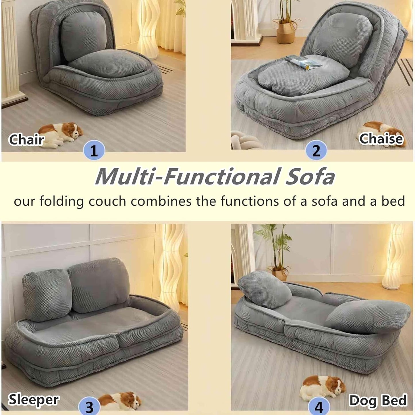 Foldable Lazy Sofa Bed with 5 Levels Adjustable Backrest, Gray | Comfy Upholstered Human Dog Bed for Adults and Pets, Lazy Floor Lounger with 2 Soft Cushions for Living Room Bedroom