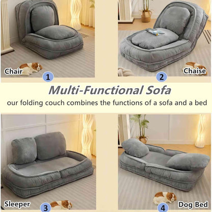 Foldable Lazy Sofa Bed with 5 Levels Adjustable Backrest, Gray | Comfy Upholstered Human Dog Bed for Adults and Pets, Lazy Floor Lounger with 2 Soft Cushions for Living Room Bedroom
