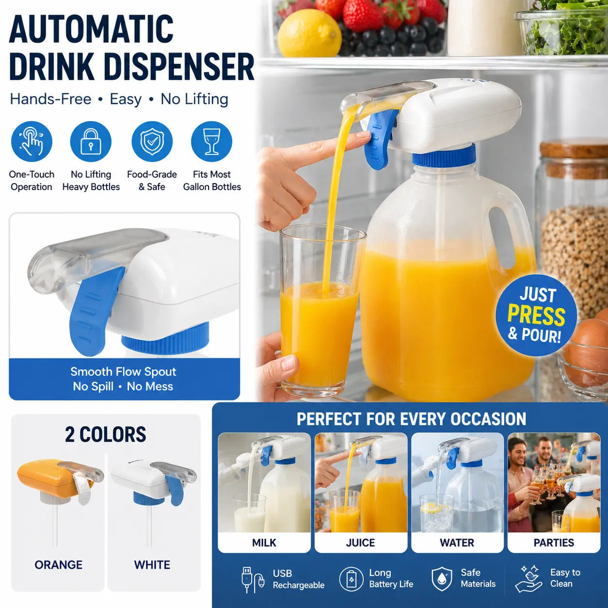【Summer Deals】Dfyd Restocked Automatic Drink Dispenser - 1-Touch Hands-Free Electric 1-Gal Bottle Pump, No-Spill Kitchen Gadget for Family Home Including Kids, Milk Water Pouring Tiktokshopblackfriday Christmas Gift
