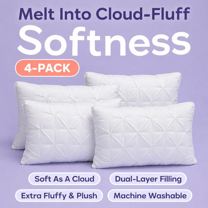 Mellow Sleep | Ploof Pillow (4-Pack) – Extra-Fluffy Dual-Layer Pillow, Cloud-Like Soft Plush Bed Pillow with Breathable Support, Never Flat, Neck-Cradling Comfort for Side, Back & Stomach Sleepers, Machine Washable