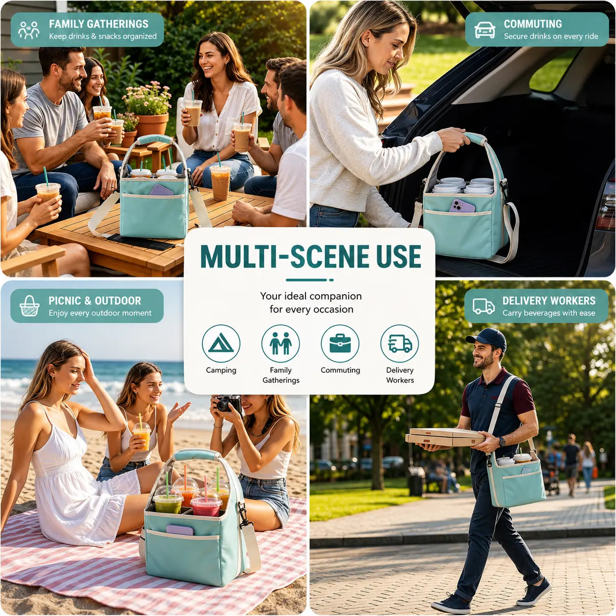 6-Cup Portable Drink Carrier Bag, Reusable Polyester Fabric Tote with Adjustable Dividers - Multi-Cup Organiser for Takeout & Outdoor Events, Multi-Cup Holders