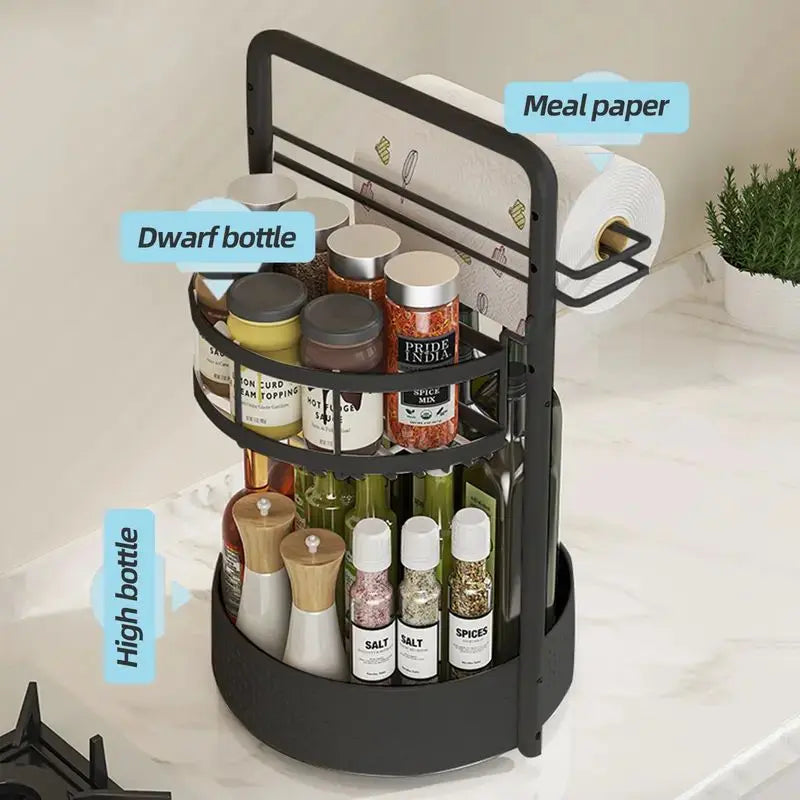 2 Tier 360 Rotating Spice Rack Lazy Susan Organizer, Heavy Duty Metal Frame Countertop Caddy with Paper Towel Holder Keeps Seasonings & Condiments Easy to Reach for Homeowners, Cooks & Families, for Kitchen Countertop, Cabinet, Pantry & Table