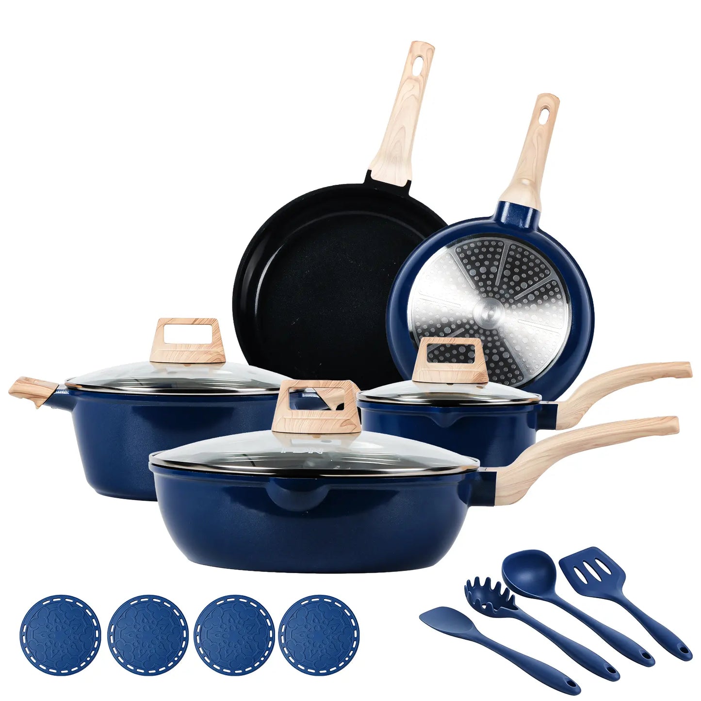 [ New ]FDN 16-Pc Aesthetic Cookware Collection, Non-Toxic Pfas-Free Titanium Caremic Granite Pots and Pans Set, Easy-Clean Oven & Dishwasher Safe, Induction Ready Cooking Set with 10" (24Cm) Fry Pan, Glass Lids, Kitchen Utensils, Aluminium, Deals for You