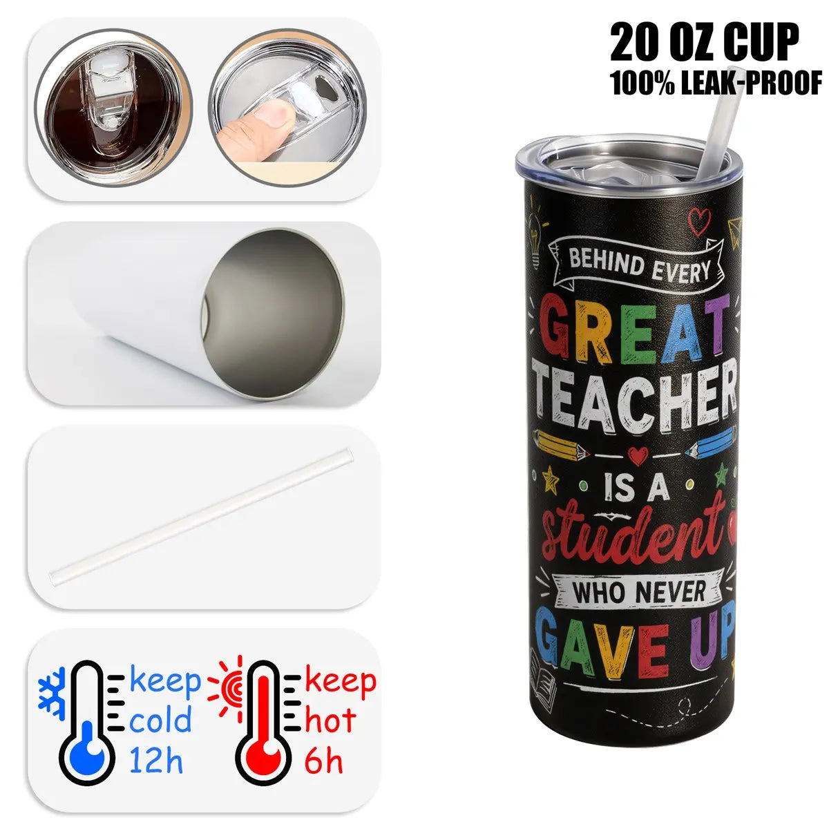 1 Pc, 40Oz/30Oz/22Oz/20Oz Stainless Steel Cup Teacher Appreciation Gift Vacuum Insulated Travel Flask Tumbler 18/8 Food Grade Double Wall Cup Insulated Drink Cup with Leak Proof Lid Keep Cold 24H Hot 12H Car Cup Holder Friendly for Teacher Stud