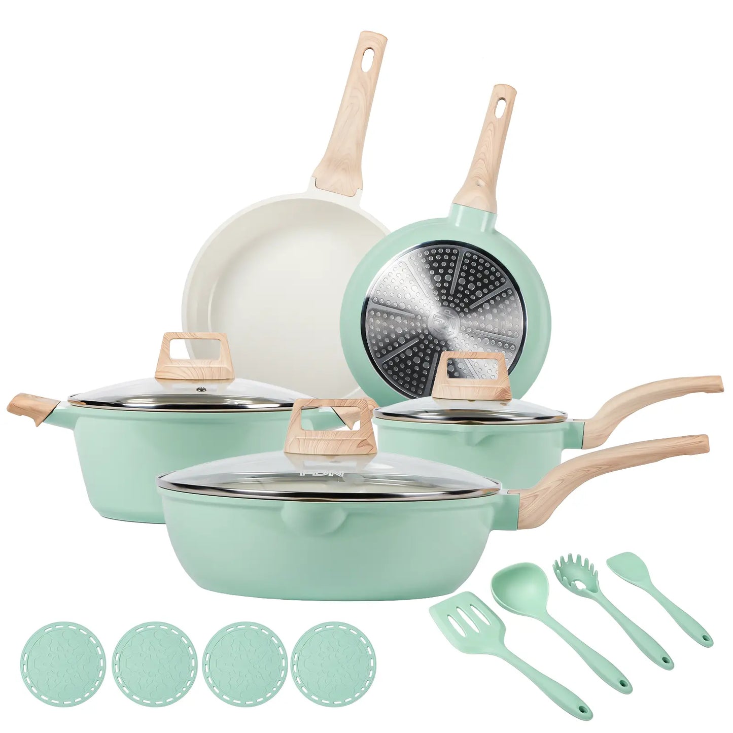 [ New ]FDN 16-Pc Aesthetic Cookware Collection, Non-Toxic Pfas-Free Titanium Caremic Granite Pots and Pans Set, Easy-Clean Oven & Dishwasher Safe, Induction Ready Cooking Set with 10" (24Cm) Fry Pan, Glass Lids, Kitchen Utensils, Aluminium, Deals for You
