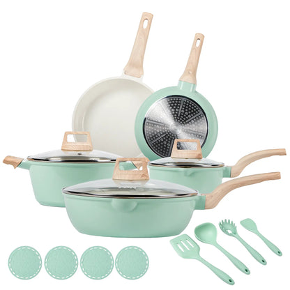 [ New ]FDN 16-Pc Aesthetic Cookware Collection, Non-Toxic Pfas-Free Titanium Caremic Granite Pots and Pans Set, Easy-Clean Oven & Dishwasher Safe, Induction Ready Cooking Set with 10" (24Cm) Fry Pan, Glass Lids, Kitchen Utensils, Aluminium, Deals for You