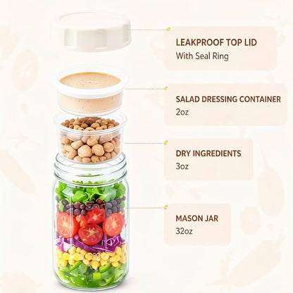 4-Pack 32Oz Airtight Sealable Glass Salad Jars with Screw-On Lids - Kitchen Food Storage Containers, Built-In Wet/Dry Separation Boxes, Meal Prep Containers for Work Lunches, Fridge-Friendly, Customizable, Glass Food Container, Storage Bottles & Jars