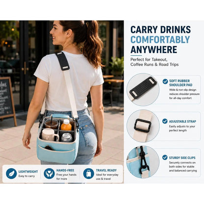 6-Cup Portable Drink Carrier Bag, Reusable Polyester Fabric Tote with Adjustable Dividers - Multi-Cup Organiser for Takeout & Outdoor Events, Multi-Cup Holders