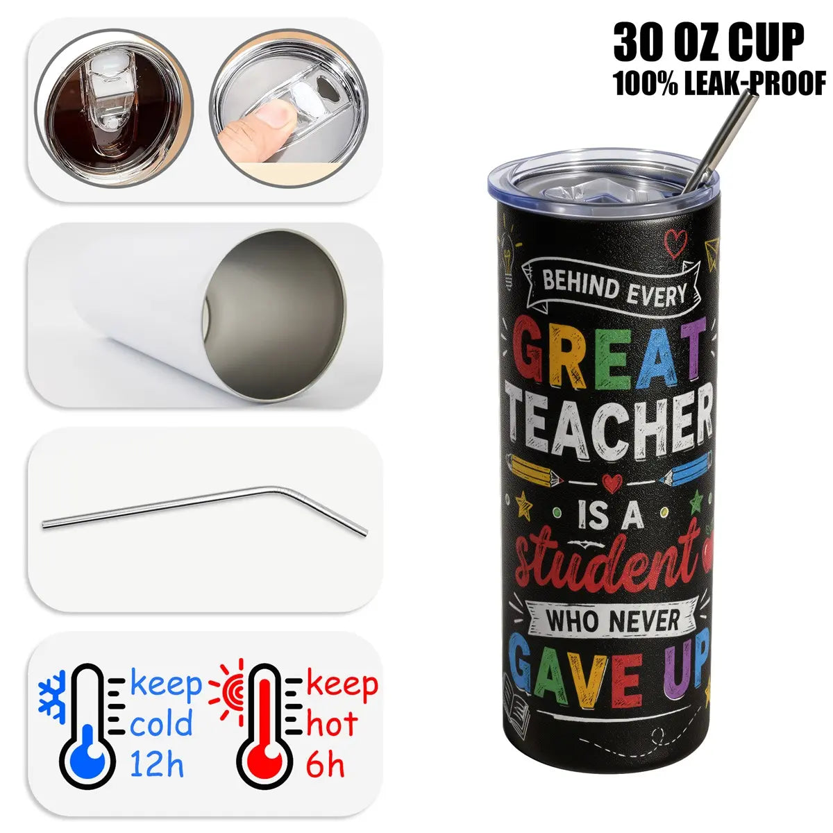1 Pc, 40Oz/30Oz/22Oz/20Oz Stainless Steel Cup Teacher Appreciation Gift Vacuum Insulated Travel Flask Tumbler 18/8 Food Grade Double Wall Cup Insulated Drink Cup with Leak Proof Lid Keep Cold 24H Hot 12H Car Cup Holder Friendly for Teacher Stud