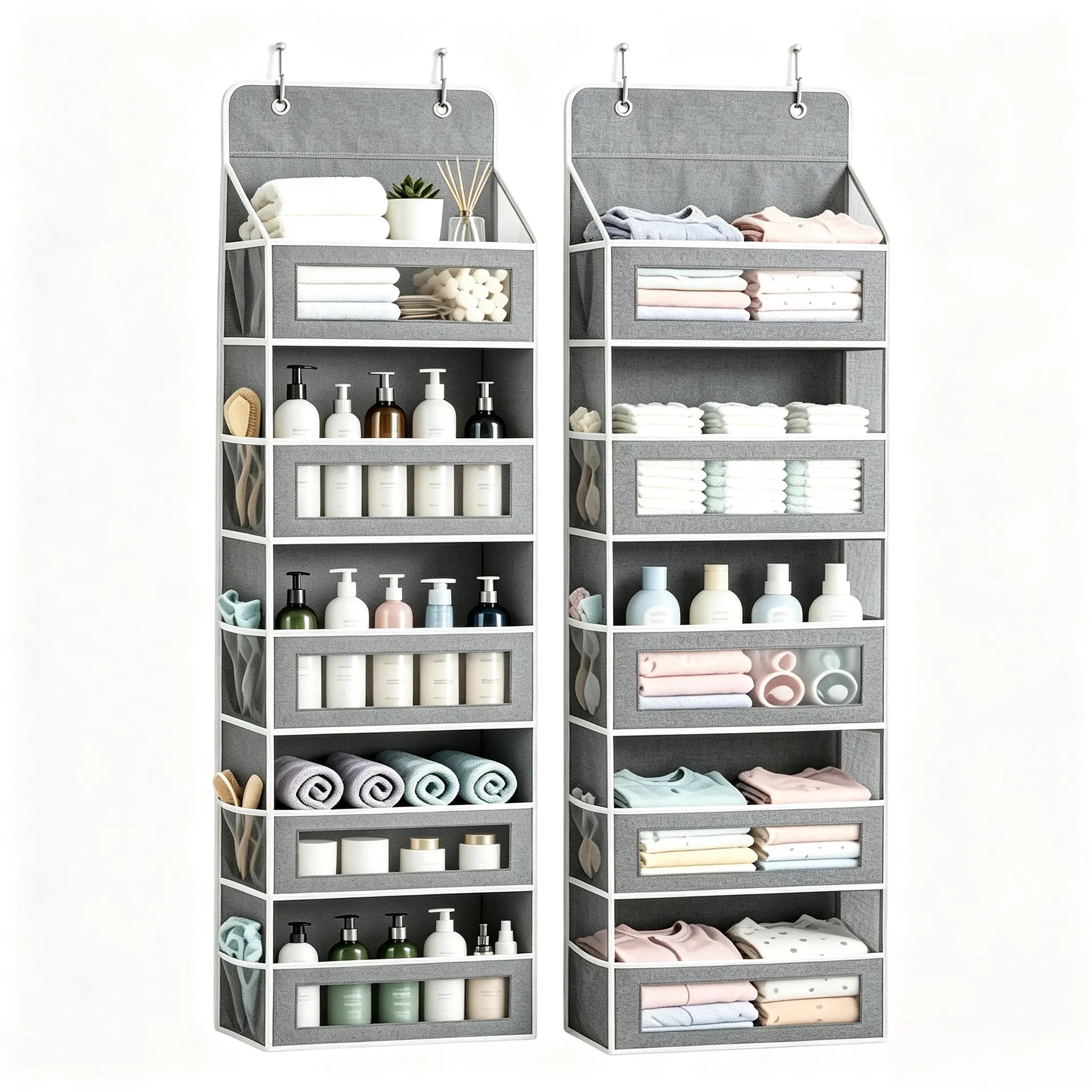 5-Tier over the Door Organizer, Heavy Duty Hanging Storage Bag with Clear Windows & Mesh Side Pockets, No-Drill Space Saver Organizer for Bathroom, Bedroom, Nursery, Pantry (Fits Standard Doors)