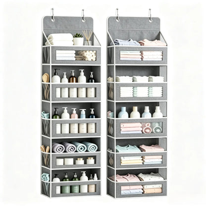 5-Tier over the Door Organizer, Heavy Duty Hanging Storage Bag with Clear Windows & Mesh Side Pockets, No-Drill Space Saver Organizer for Bathroom, Bedroom, Nursery, Pantry (Fits Standard Doors)