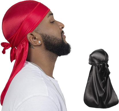 Durags for Men, Silky Satin Durag, Do Rag for Waves, 2 Pieces | Long Straps, Wide Band, Breathable Fabric, Smooth Texture, Unisex Fit, for Workout, Wave Compression, Nighttime Wear