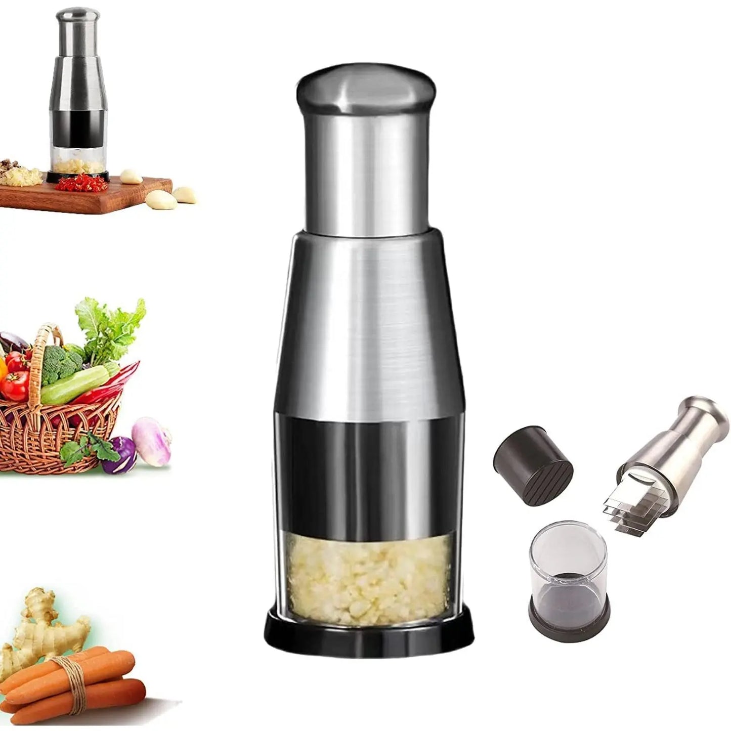 Multifunctional Stainless Steel Garlic Chopper, Onion Press, Manual Vegetable Chopper, Easy Clean, Silver