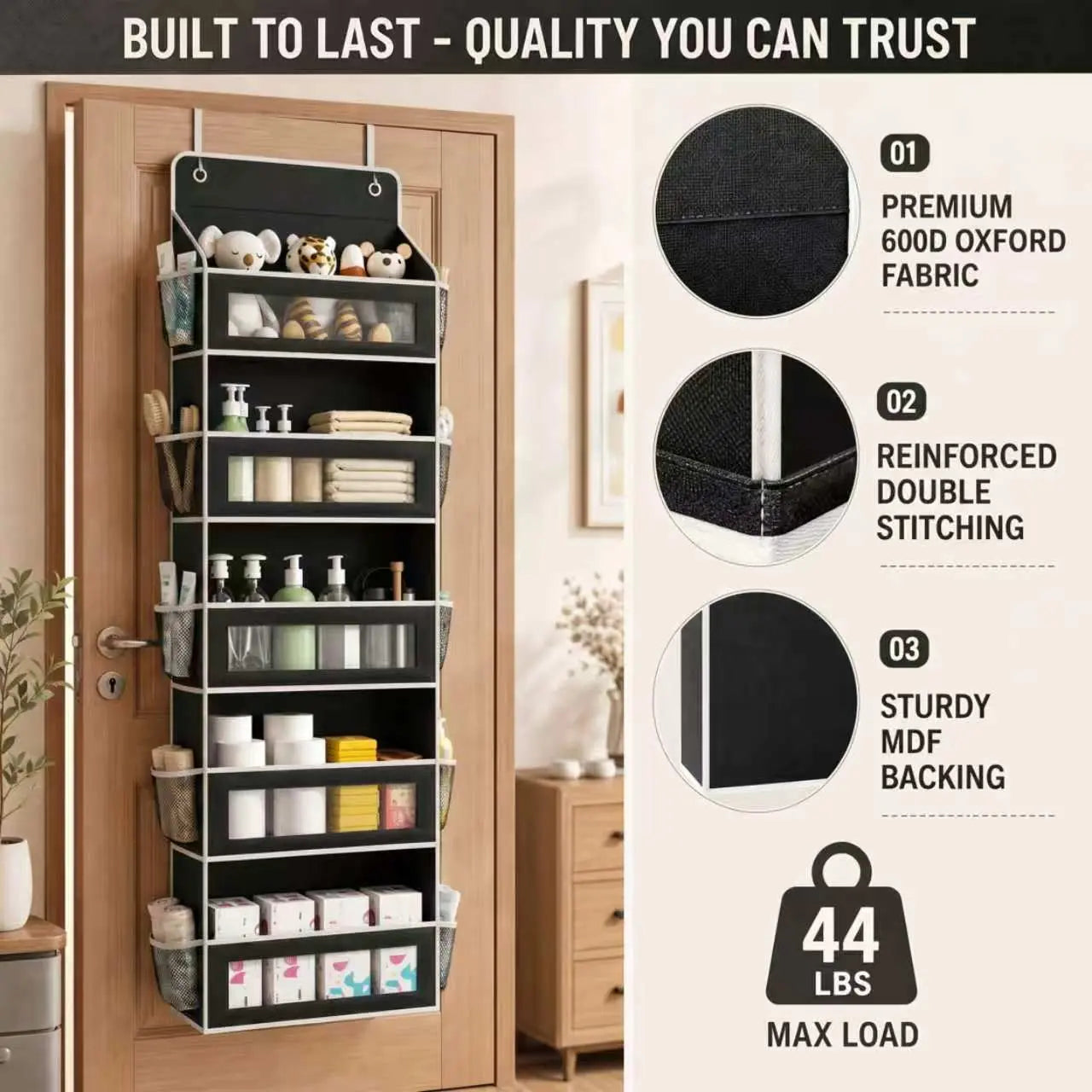 5-Tier over the Door Organizer, Heavy Duty Hanging Storage Bag with Clear Windows & Mesh Side Pockets, No-Drill Space Saver Organizer for Bathroom, Bedroom, Nursery, Pantry (Fits Standard Doors)