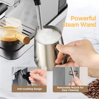 Semi-Automatic 20-Bar at Home Espresso Machine, 1450W Compact yet Powerful Coffee Maker with Milk Frother Steam Wand, 34Oz Water Tank for Latte, Barista Life Brewing Needs, Latte at Home